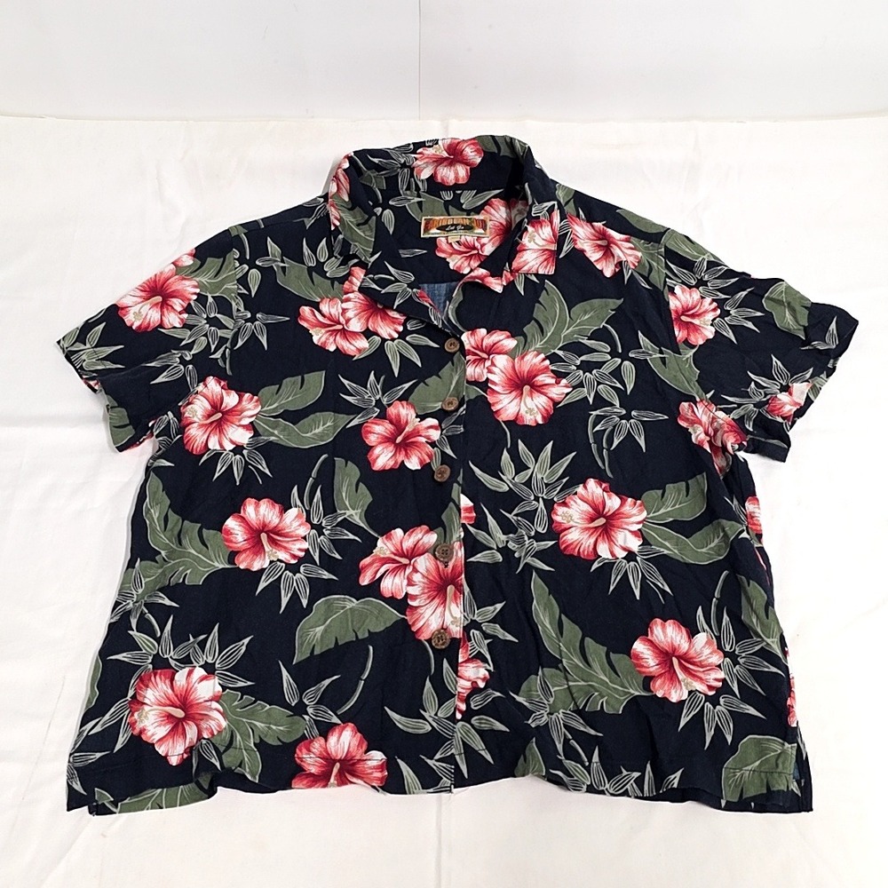 Caribbean Joe Button Down Shirt Women XL Navy Hibiscus Floral Tropical Rayon Top